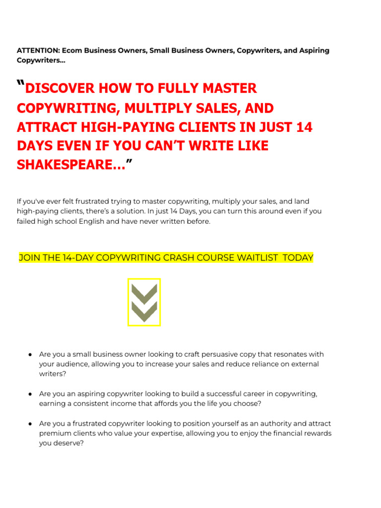14-Day Copywriting Crash Course | PDF | Curriculum | Copywriting