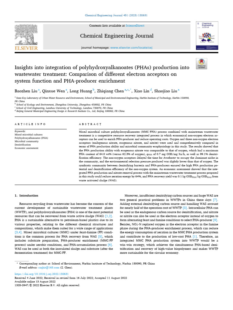 Baozhen 2023 Integration of Polyhydroxyalkanoates (PHAs) Production ...