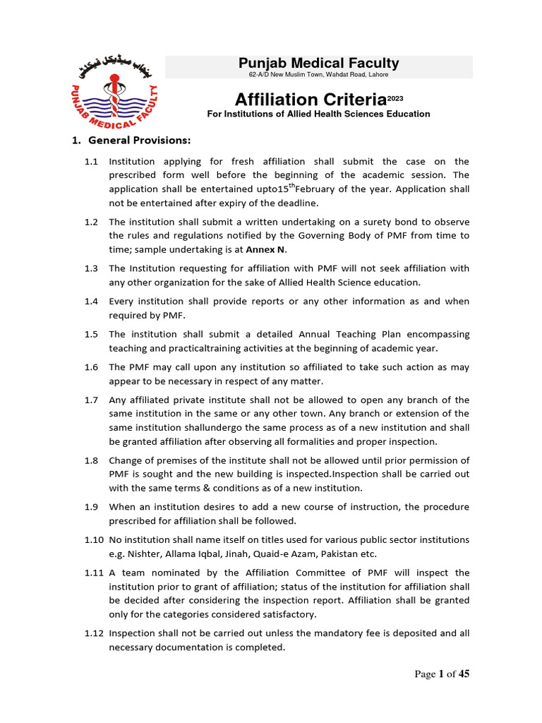 PMF Affiliation Criteria for Institutions | PDF