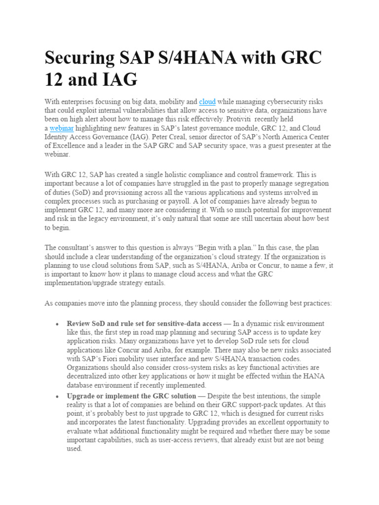Securing SAP S/4HANA with GRC 12 Insights | PDF | Cloud Computing ...