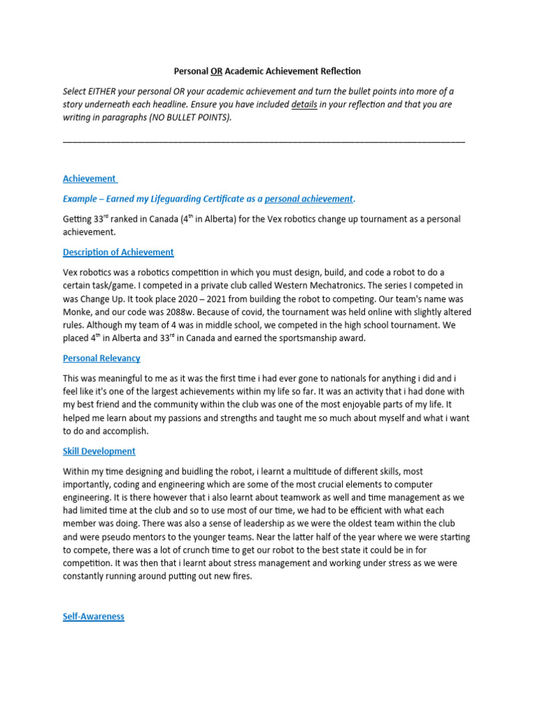 Personal or Academic Achievement Reflection | PDF