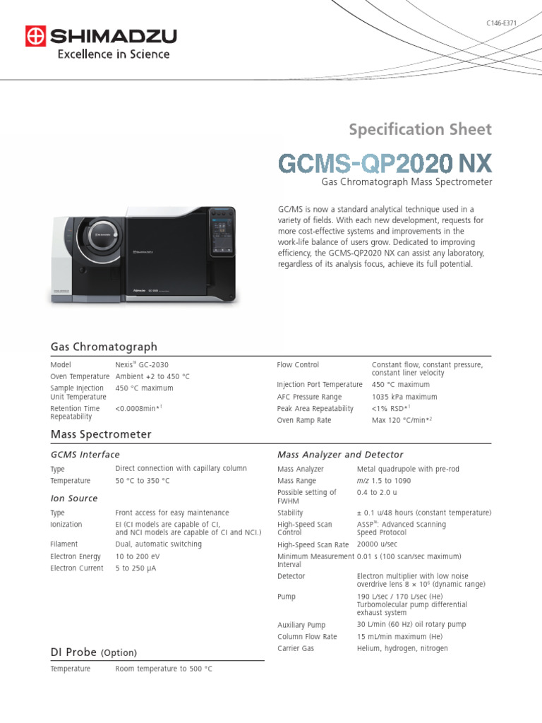 Specification Sheet GCMS-QP2020 NX | PDF | Gas Chromatography