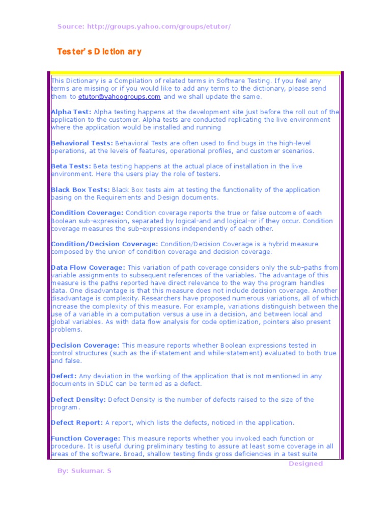 Tester Dictionary PDF Software Testing Control Flow