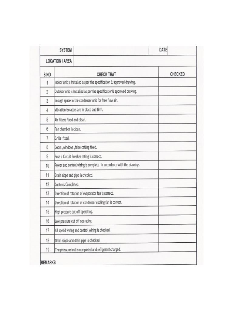 Pre Commissioning Check List For Split Units | PDF