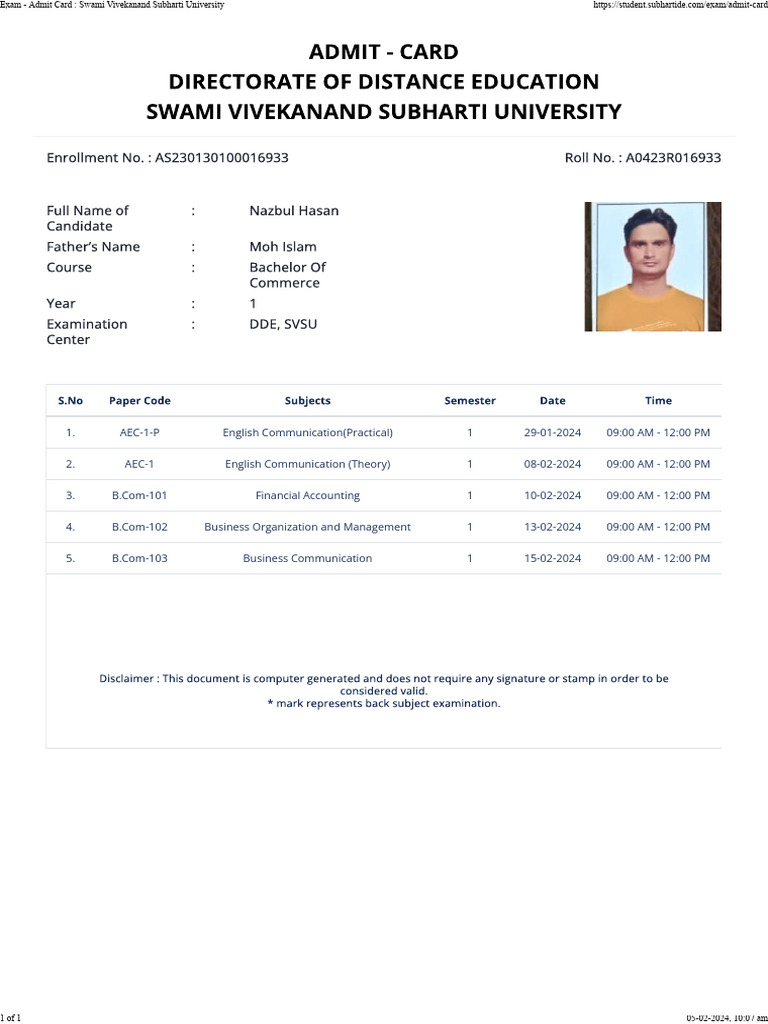 Nazbul admit card swami vivekanand subharti university pdf