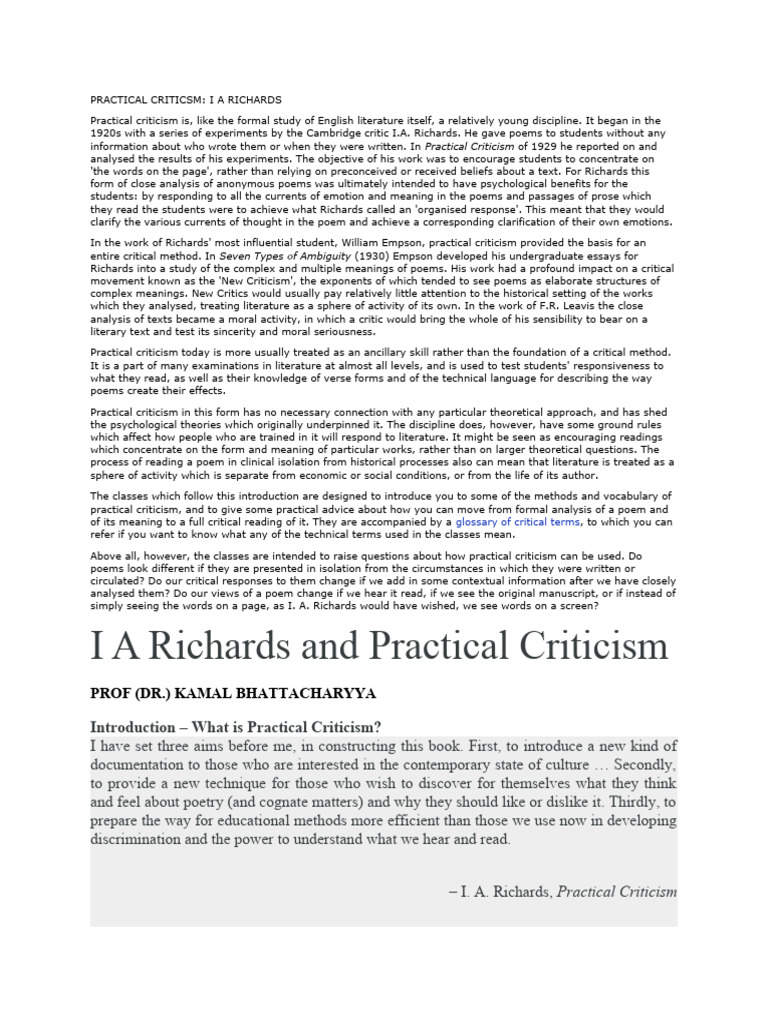 I.A. Richards and Practical Criticism | PDF | Experience | Poetry