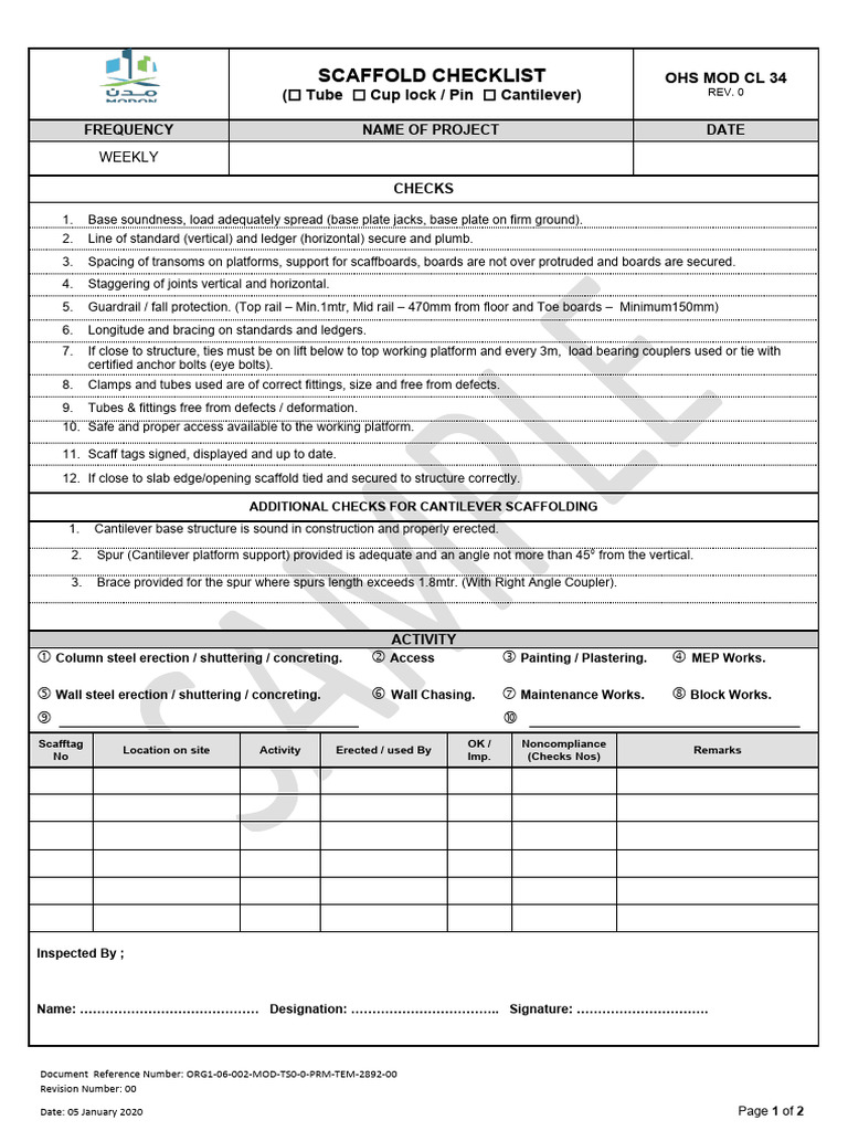 32 - Checklist - Scaffold Checklist - OHS MOD CL 34 | PDF | Scaffolding ...