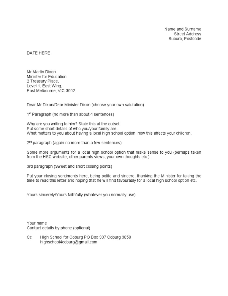 Letter Template to Education Minister | PDF