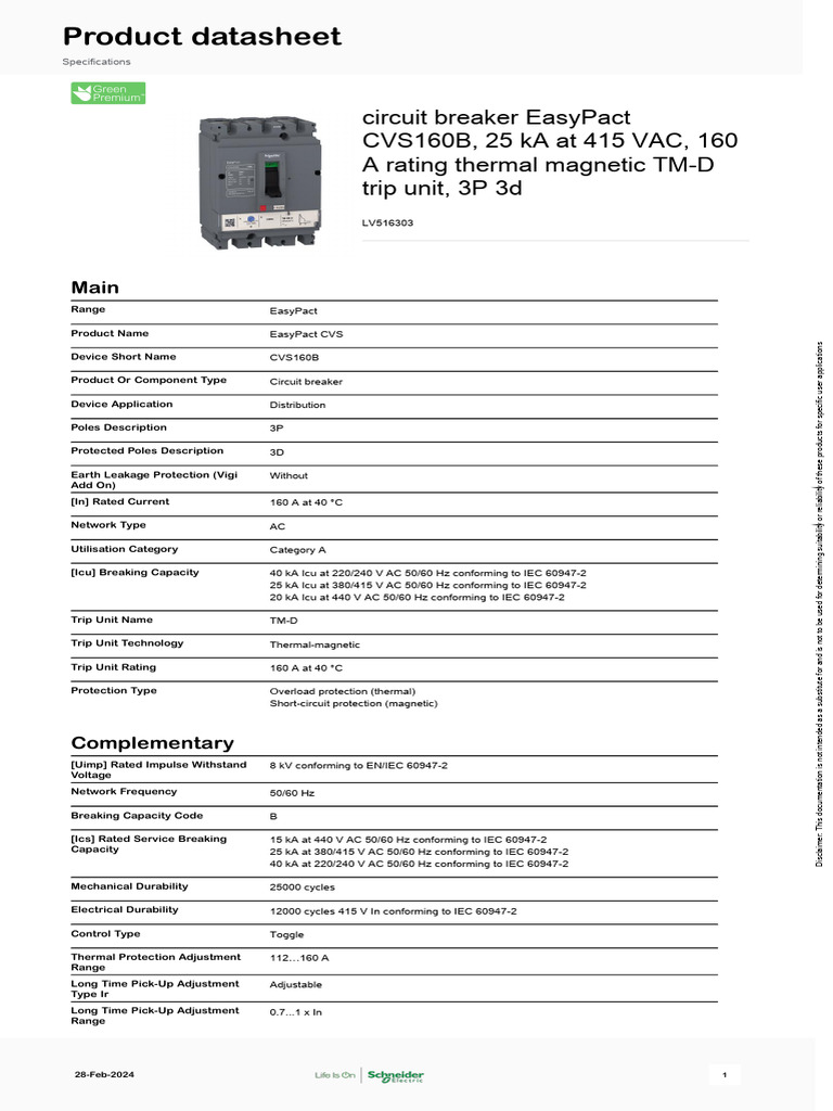 EasyPact CVS160B Circuit Breaker Specs | PDF | Alternating Current ...
