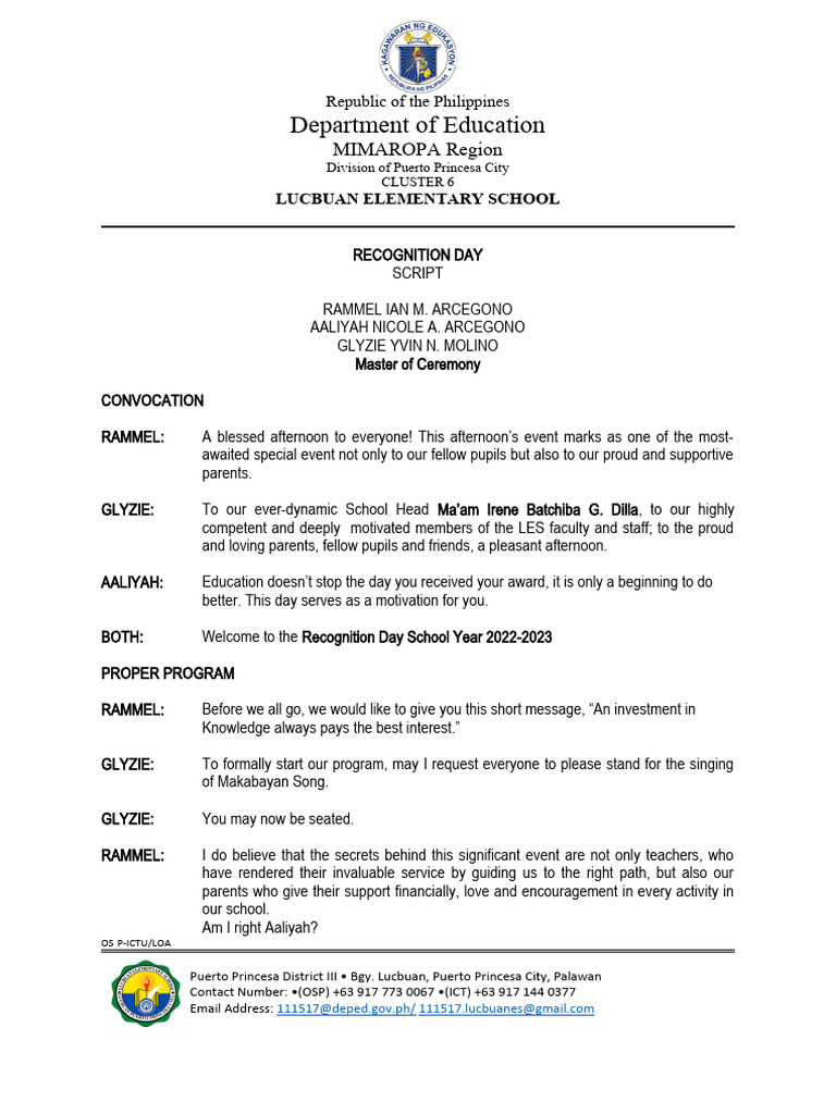 Recognition Day Script | PDF