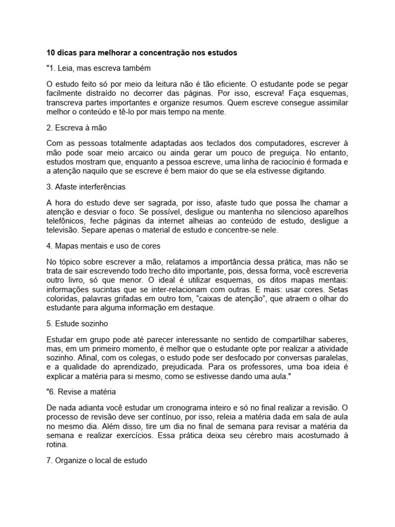 Dicas para Melhorar a Concentração nos Estudos | PDF | Tempo | Matéria