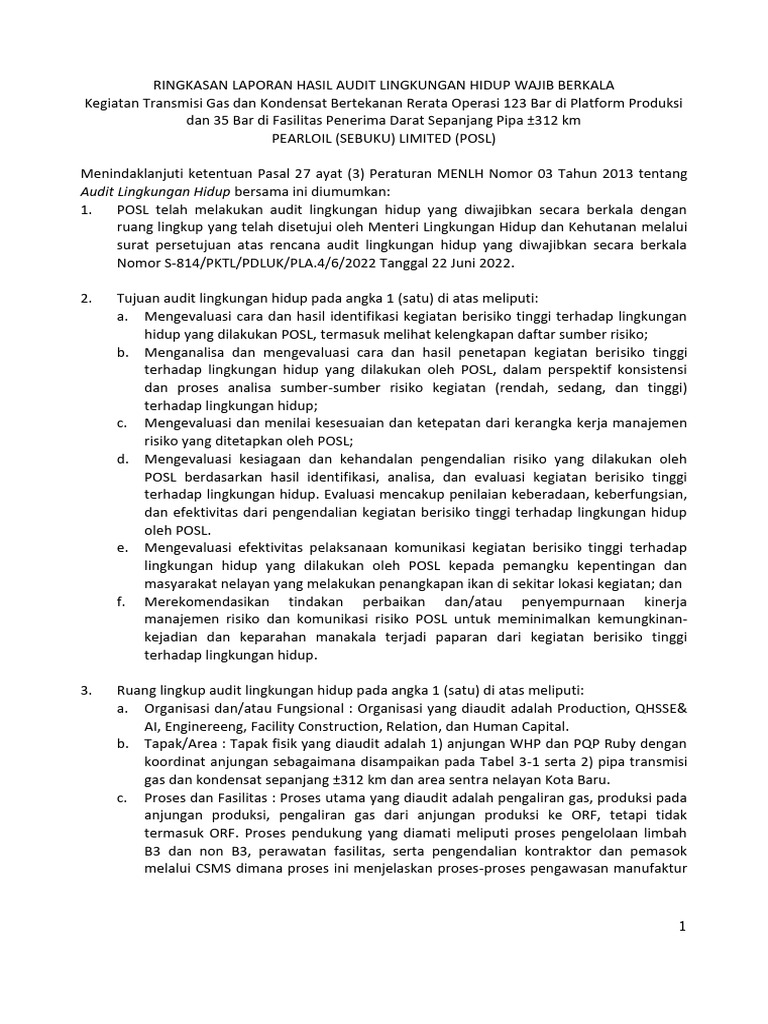 Audit Lingkungan Hidup POSL 2022 | PDF