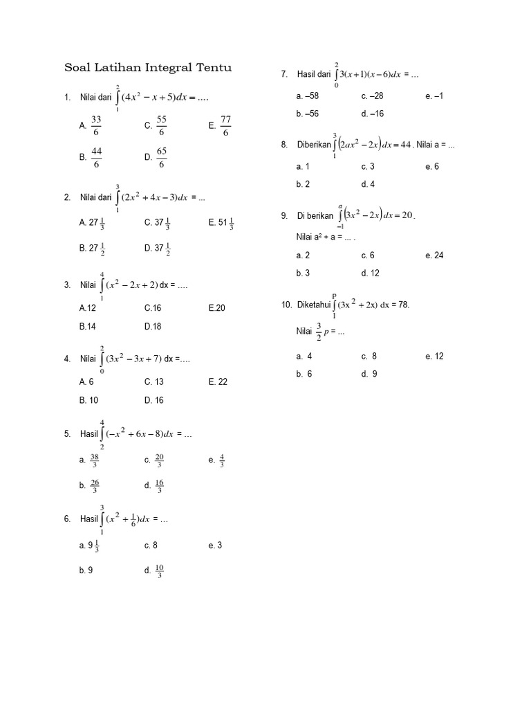 Soal Latihan Integral Tentu Dan Jawaban Pdf