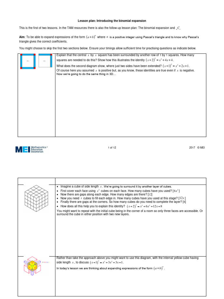 Binomial Expansion Lesson Plan | PDF | Algebra | Arithmetic