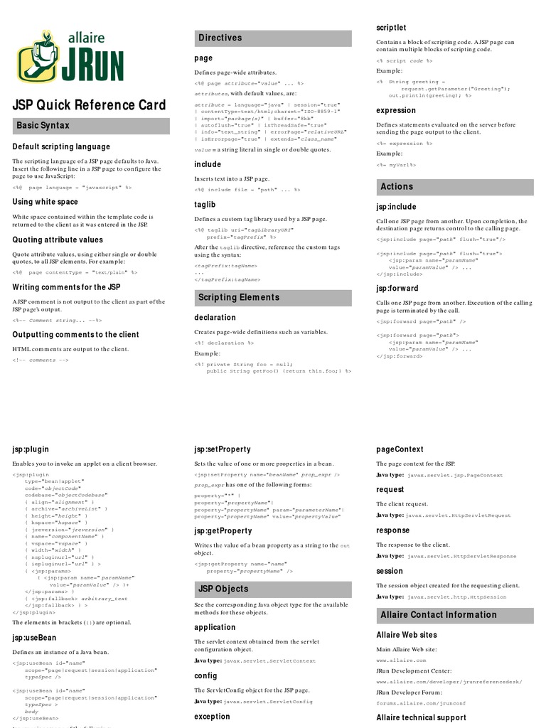 JSP Quick Reference Card | PDF