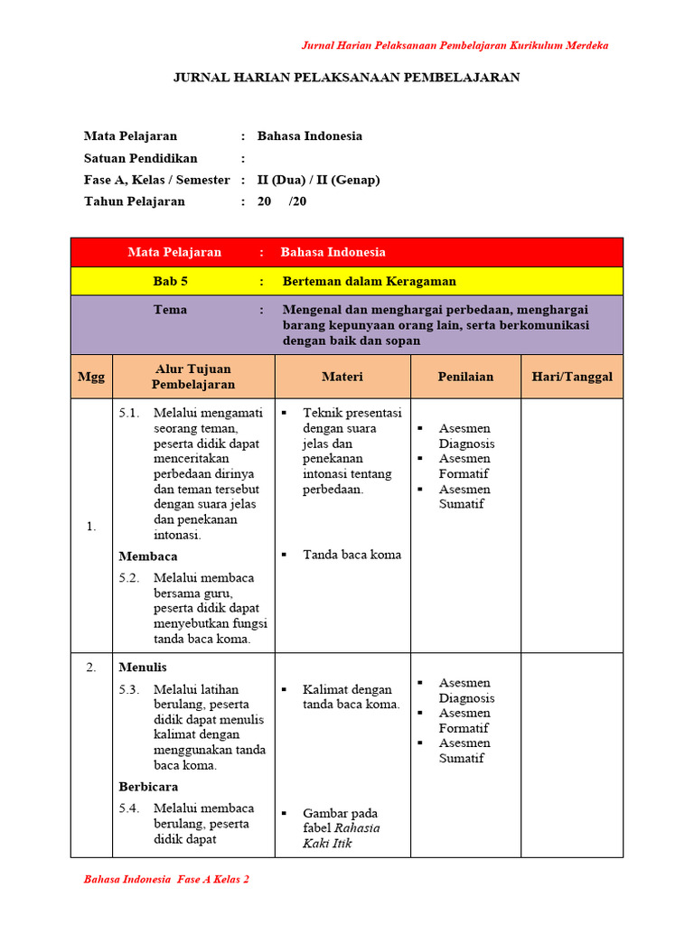 Jurnal Harian Kelas 2 Kurikulum Merdeka | PDF
