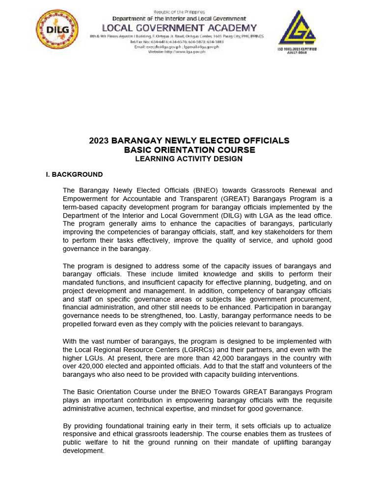 Barangay Officials Orientation Course | PDF | Governance | Capacity ...