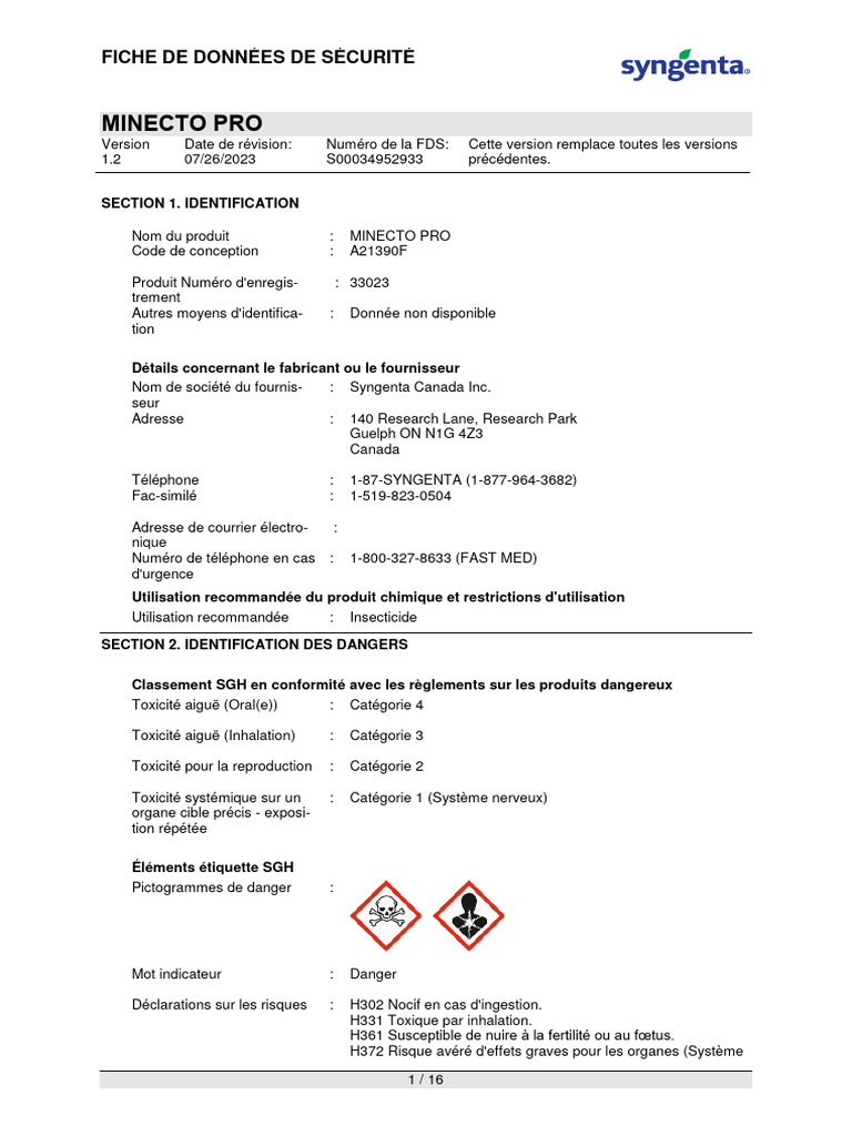 Minecto Pro Insecticide FR SDS | PDF | Carcinogène | Expérimentation ...