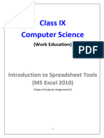 Class IX Computer Science: Introduction To Spreadsheet Tools (MS Excel 2010)