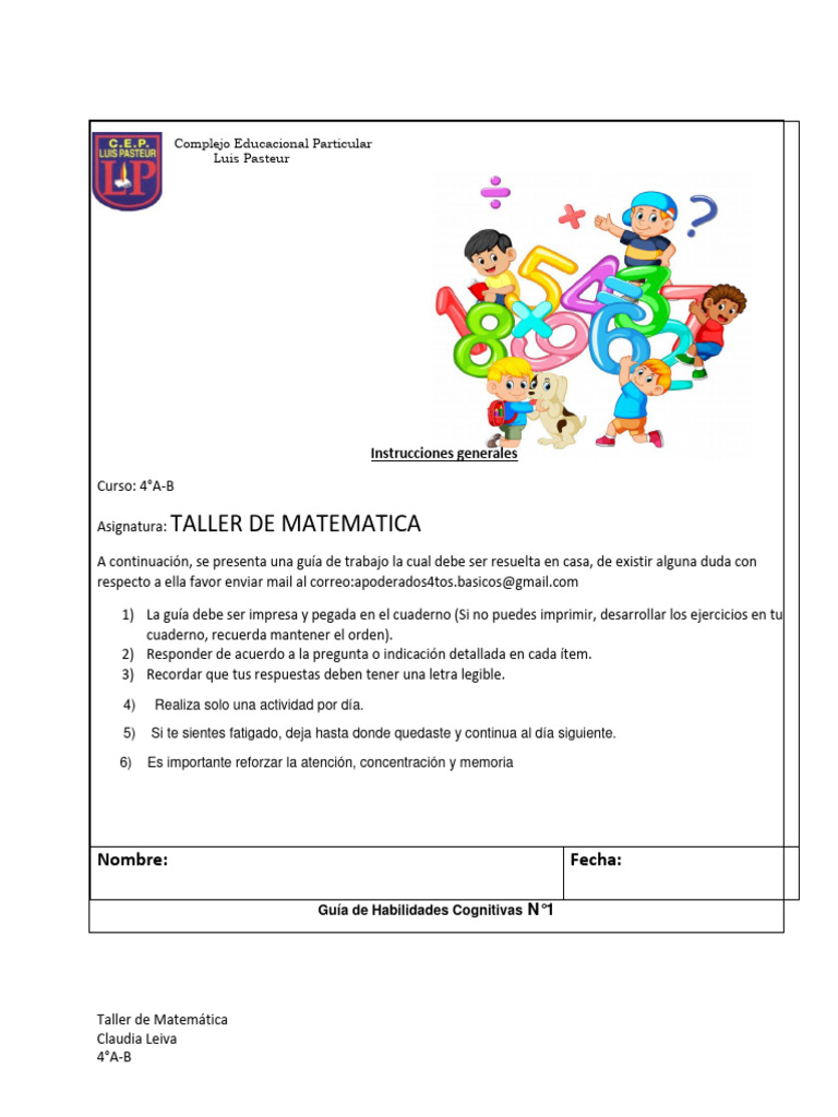 Guía #1 Taller de Matematica 4°A B Básico | PDF | Crecimiento personal ...