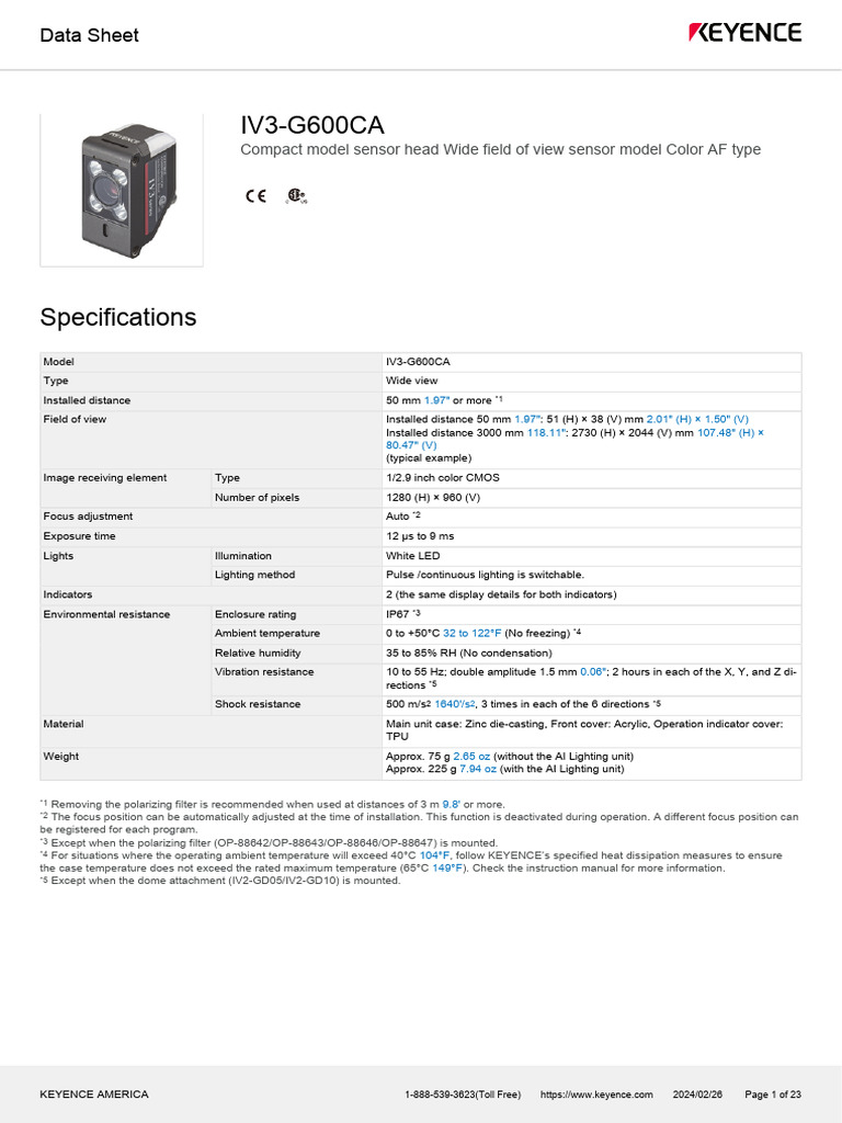 Keyence IV3-G600CA Data Sheet | PDF | Lighting | Pixel