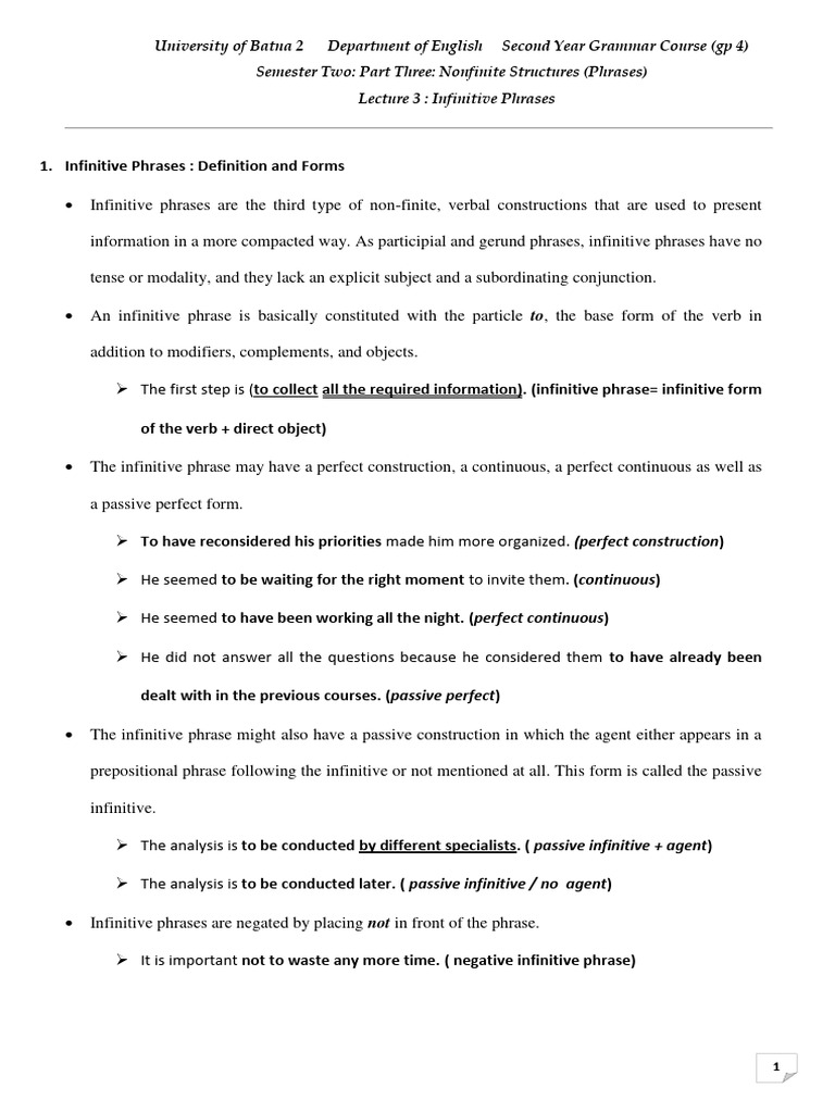 Understanding Infinitive Phrases | PDF | Subject (Grammar) | Adjective