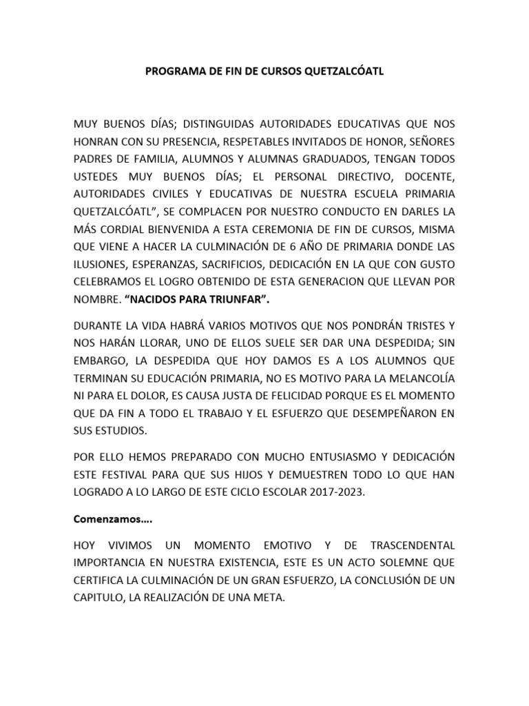 Programa de Clausura Sexto Grado | PDF