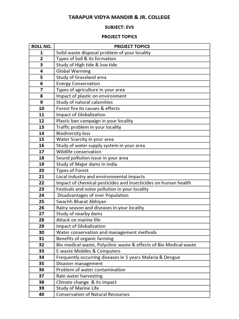 EVS Project Topics for Local Issues | PDF