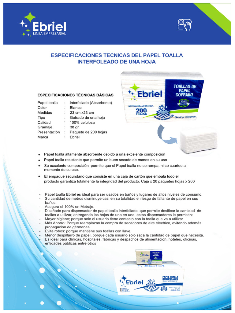 Especificaciones Papel Toalla Ebriel | PDF | Hogar, jardinería y bricolaje