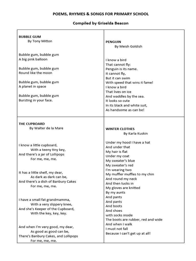 Poems and Rhymes for Primary Students | PDF | Home & Garden | Art