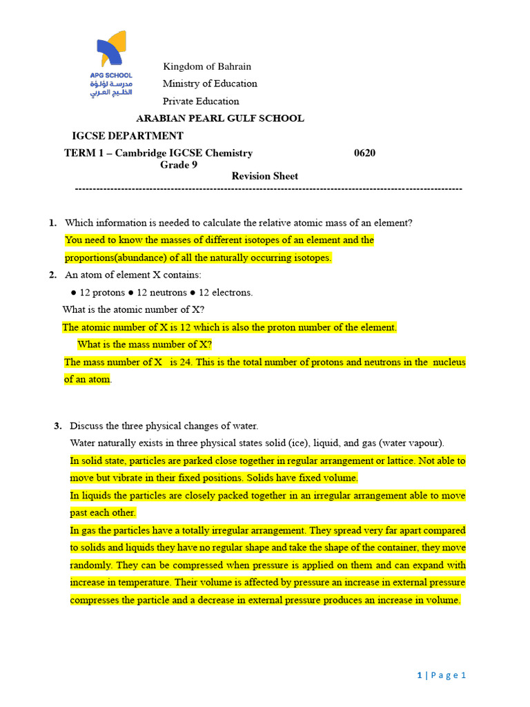 Grade 9 Chemistry Mid Term Exam Revision 2 3 | PDF | Atoms | Gases