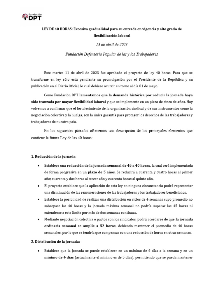 Ley de 40 Horas: Flexibilidad Laboral y Plazos | PDF | Derecho