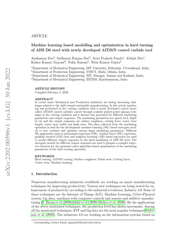 ML Optimization in Hard Turning AISI D6 Steel | PDF | Machine Learning ...