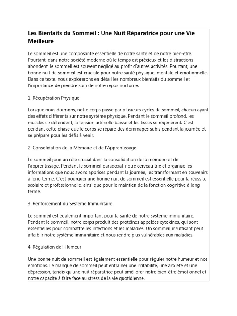 Bienfaits du Sommeil pour la Santé | PDF | Sommeil | Dépression ...