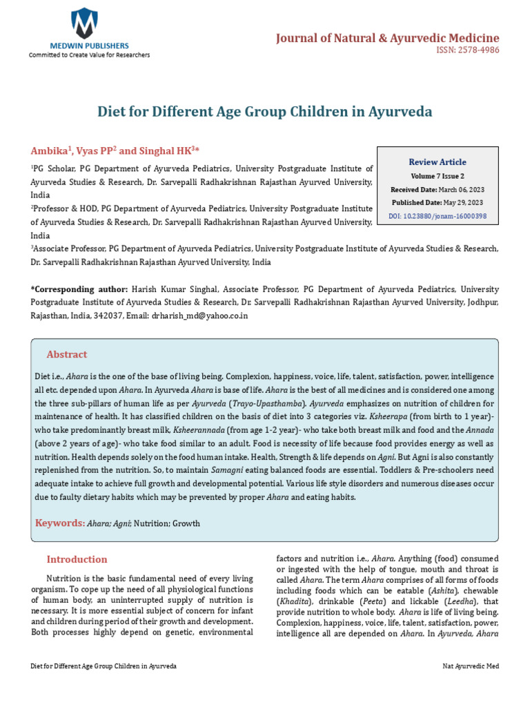 Diet For Different Age Group Children in Ayurveda PDF Ayurveda Breastfeeding