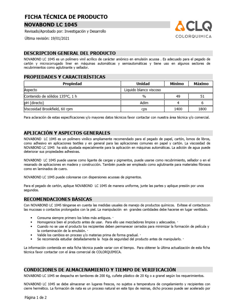 Ficha Técnica de NOVABOND LC 1045 | PDF | Pintura acrilica | Sector ...