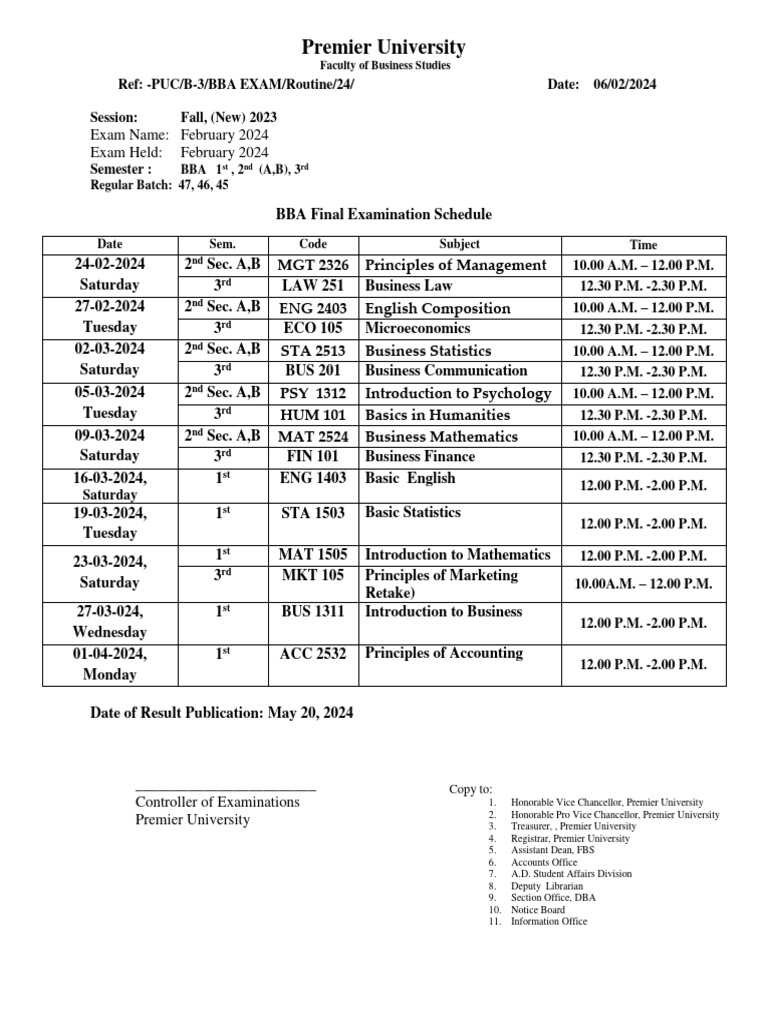 BBA Exam Schedule 2024 - Premier University | PDF | Financial Services ...