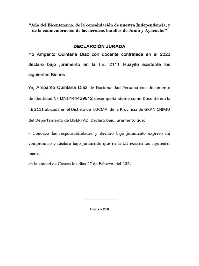 Declaración Jurada de Bienes Docente 2023 | PDF