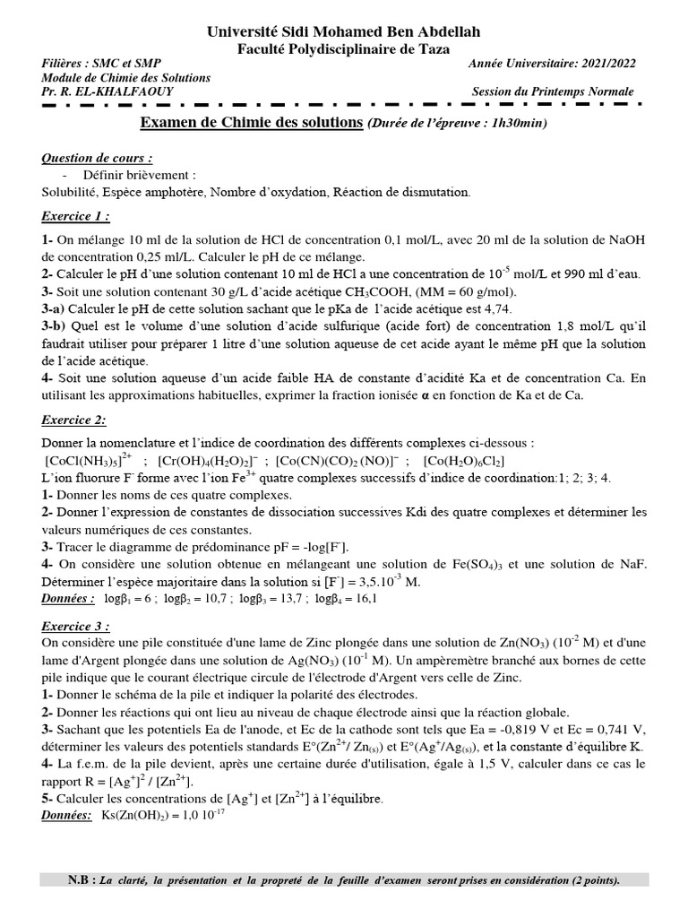 Examen de Chimie des Solutions S2 | PDF | Acide | Ph