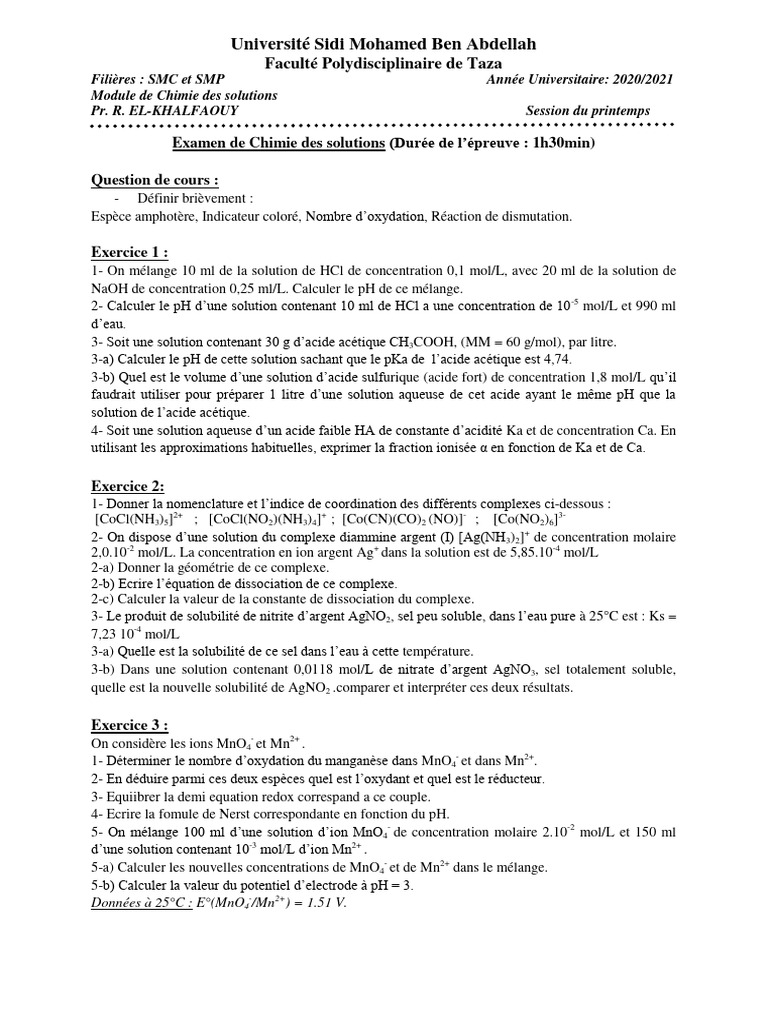 Examen de Chimie des Solutions S2 | PDF | Acide | Ph