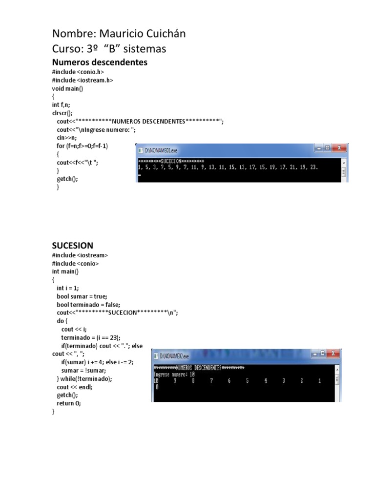 C++ Programs: Descending Numbers & Sequences | PDF