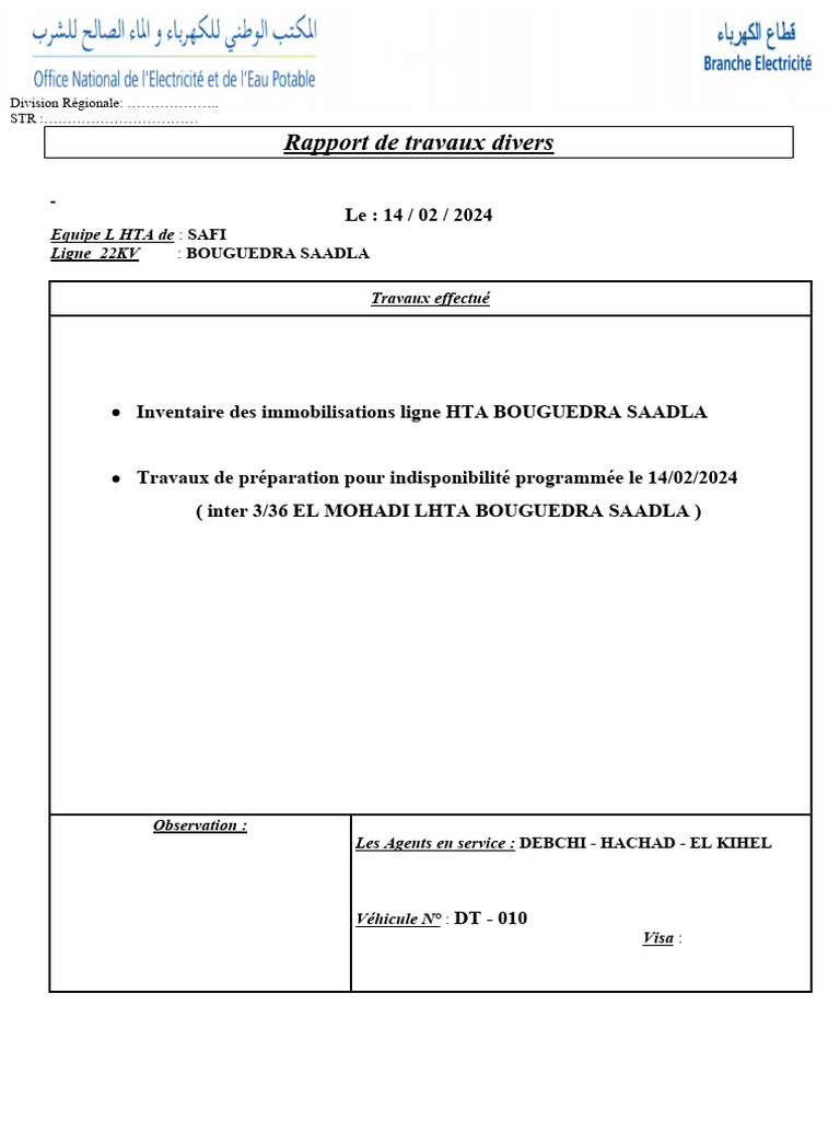 Rapport Technique / Domaine Des Travaux Spéciaux – ZVSP