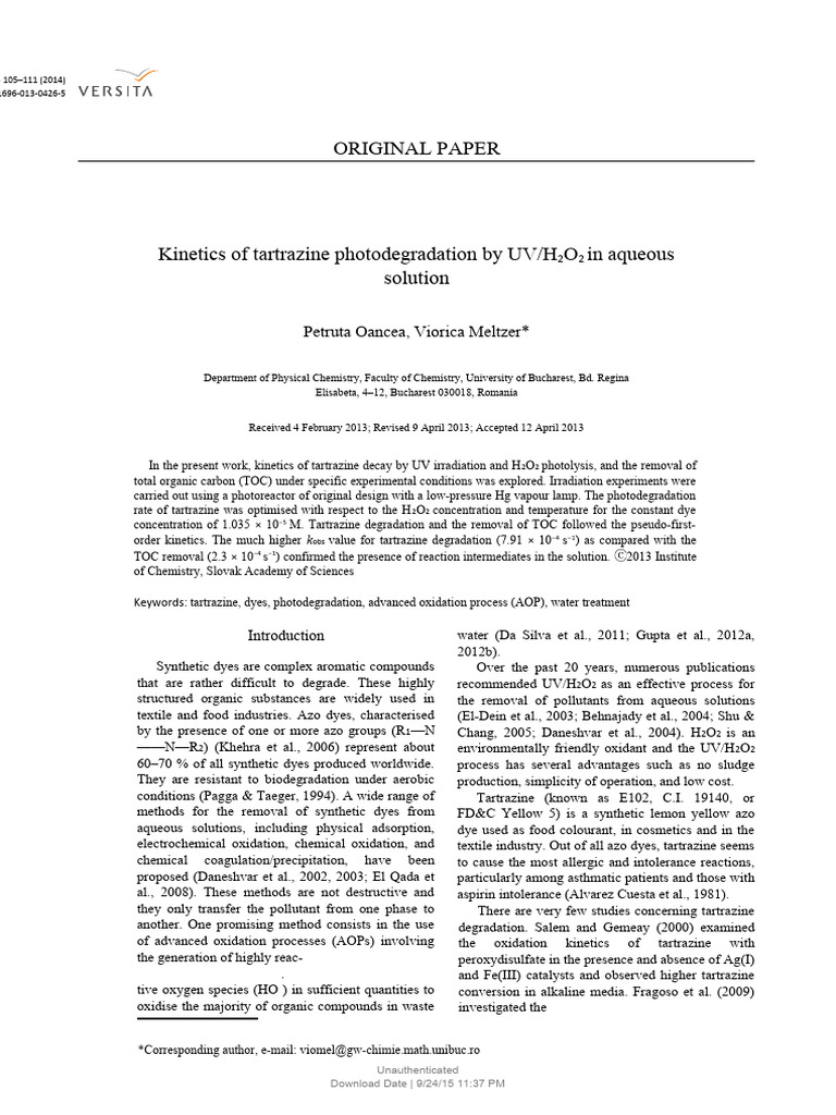 Tartrazine UV/H2O2 Photodegradation Kinetics | PDF | Hydrogen Peroxide ...