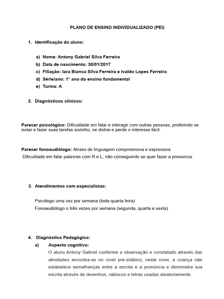Plano de Ensino Individualizado (Pei) | PDF | Aprendizado | Espectro do ...