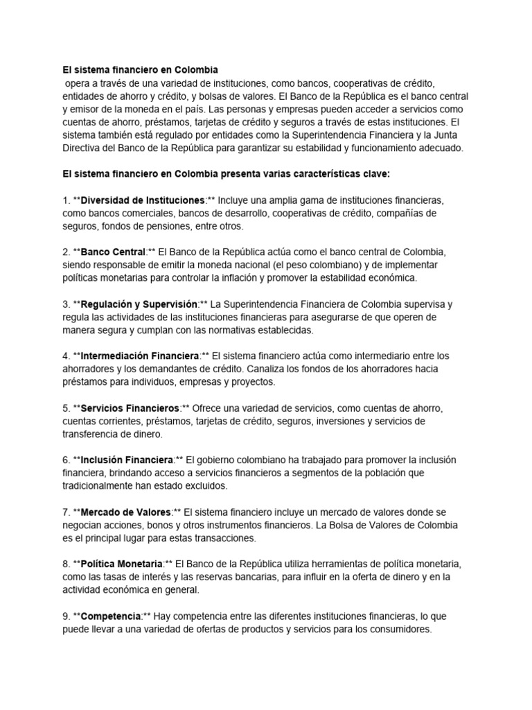 El Sistema Financiero en Colombia | PDF | Bancos | Sistema financiero