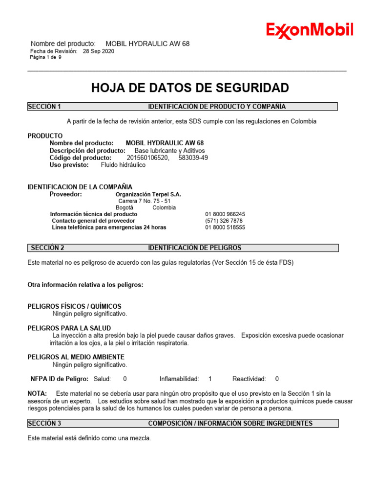 Hoja de Seguridad Mobil Hydraulic AW 68 | PDF