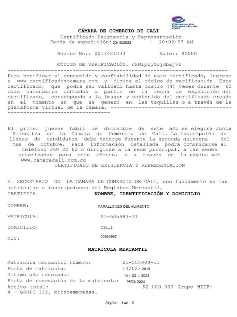 Certificado Cámara de Comercio | PDF