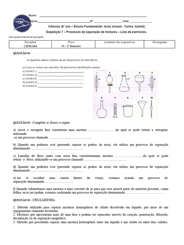 Lista de Exercícios - Separação de Misturas | Download grátis PDF ...