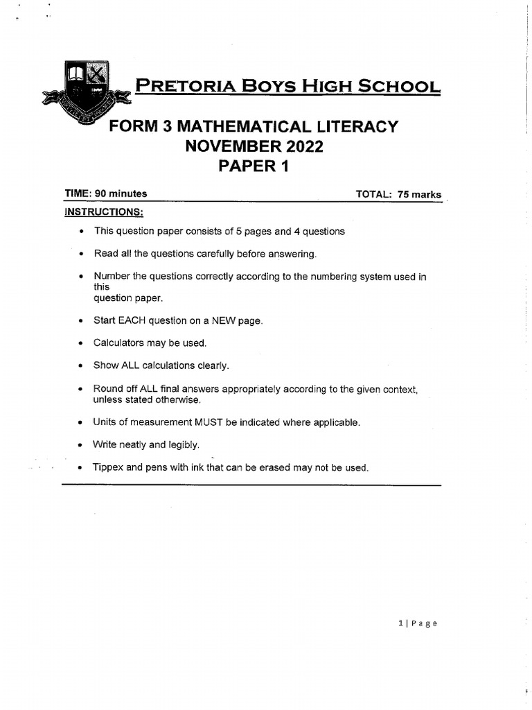 Form 3 Mathematical LIteracy Paper 1 November 2022 | PDF