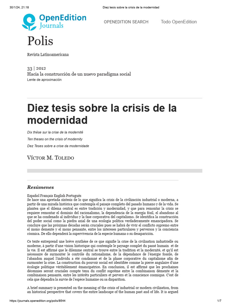 Diez Tesis Sobre La Crisis de La Modernidad | PDF